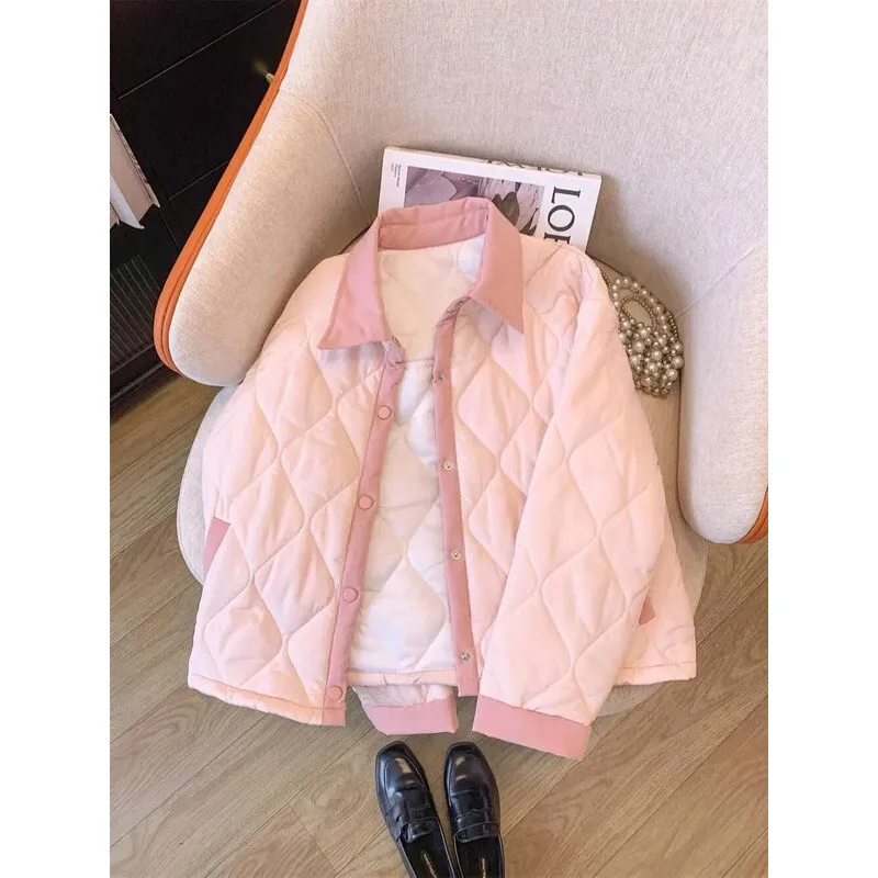 

Women Autumn Winter Lightweight Quilted Jacket Warm Outerwear 2025 Fashion Pink Padded Coats Turn Down Collar Cotton Coat