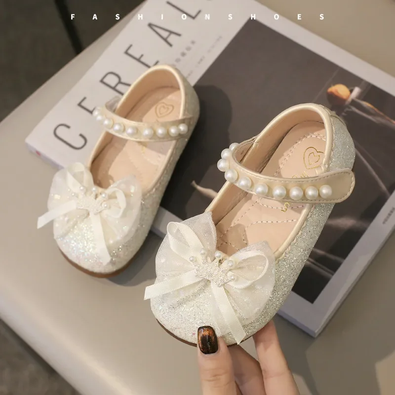 Girls Mary Jane Shoes with Bow-knot Fashion Kids Pearls Crown Princess Shoes for Party Wedding Children Leather Shoes Non-slip