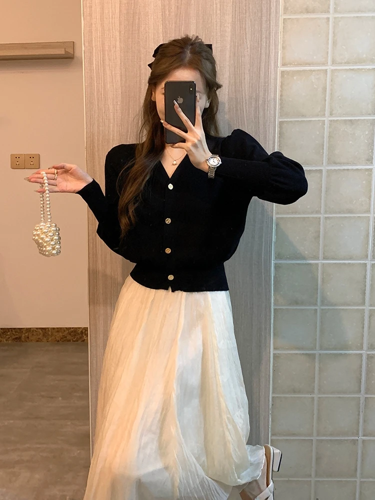 

Bla V-Ne Knitted Cardigan Women's Spring Autumn ort Slim Fit Bubble Sve Top Faionable Open-irt Sle Commute