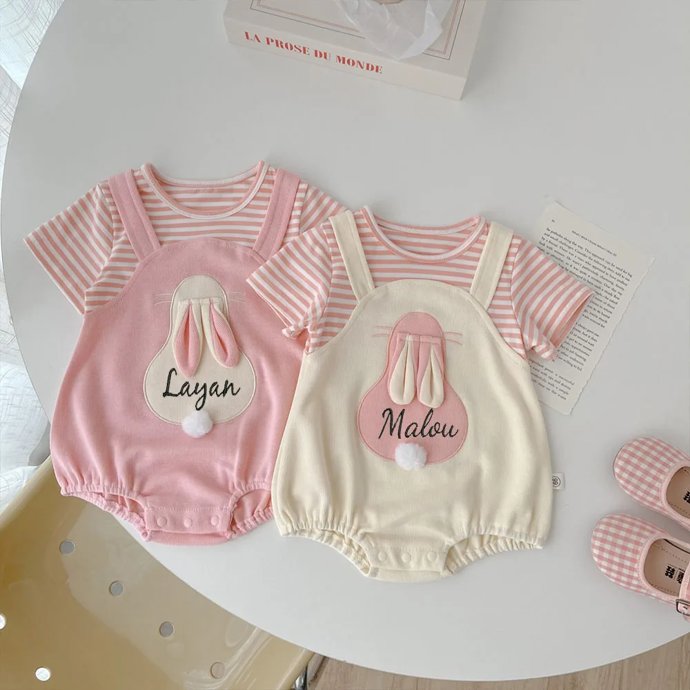 Embroidered Name Children Short Sleeved Cotton Cute Cartoon Rabbit jumpsuit, Personalized Custom Newborn Birth Gift Jumpsuit