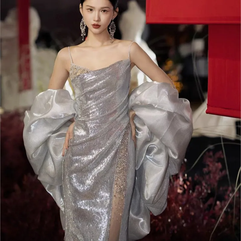 Silver sequin toast dress with halter and slit fishtail banquet host train