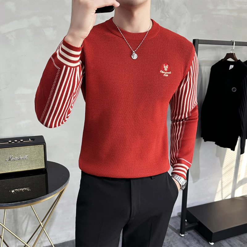 

2024 Autumn/Winter Knitted Sweater for Men Stripe Stitching Long Sleeve Slim Casual Knitted Pullovers Round Neck Bottoming Shirt