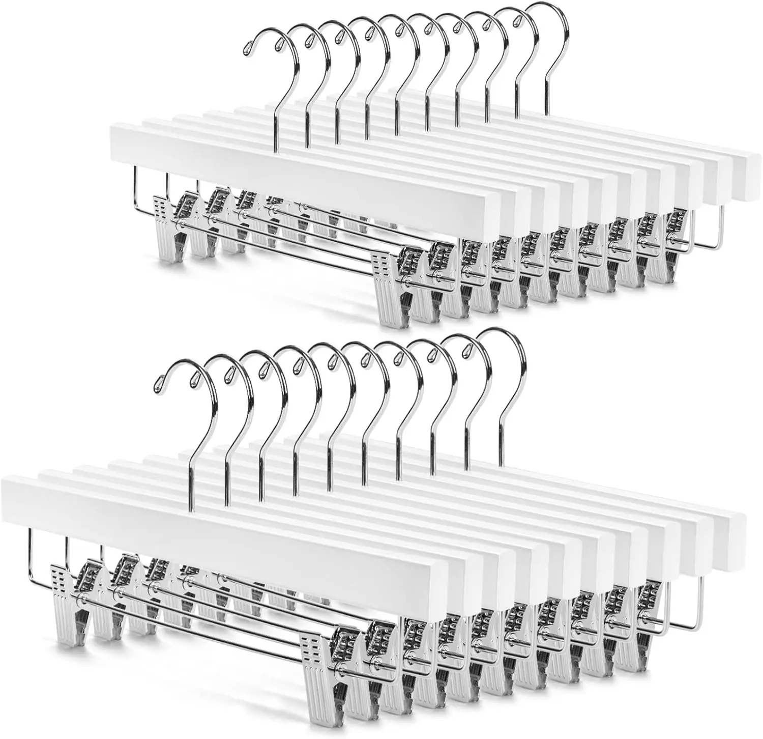 

Deluxe Wooden Pants Hangers Solid Wood Bottom Jeans Hanger Skirt Hanger with 2-Adjustable Clips Pack of 20 (White)