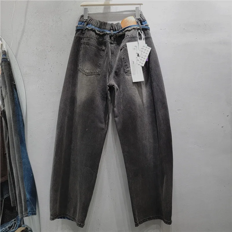 Streetwear Contrast Color Hole Women Jeans 2026 New Spring Autumn All-match Elastic Waist Floor-length Wide Leg Denim Trousers