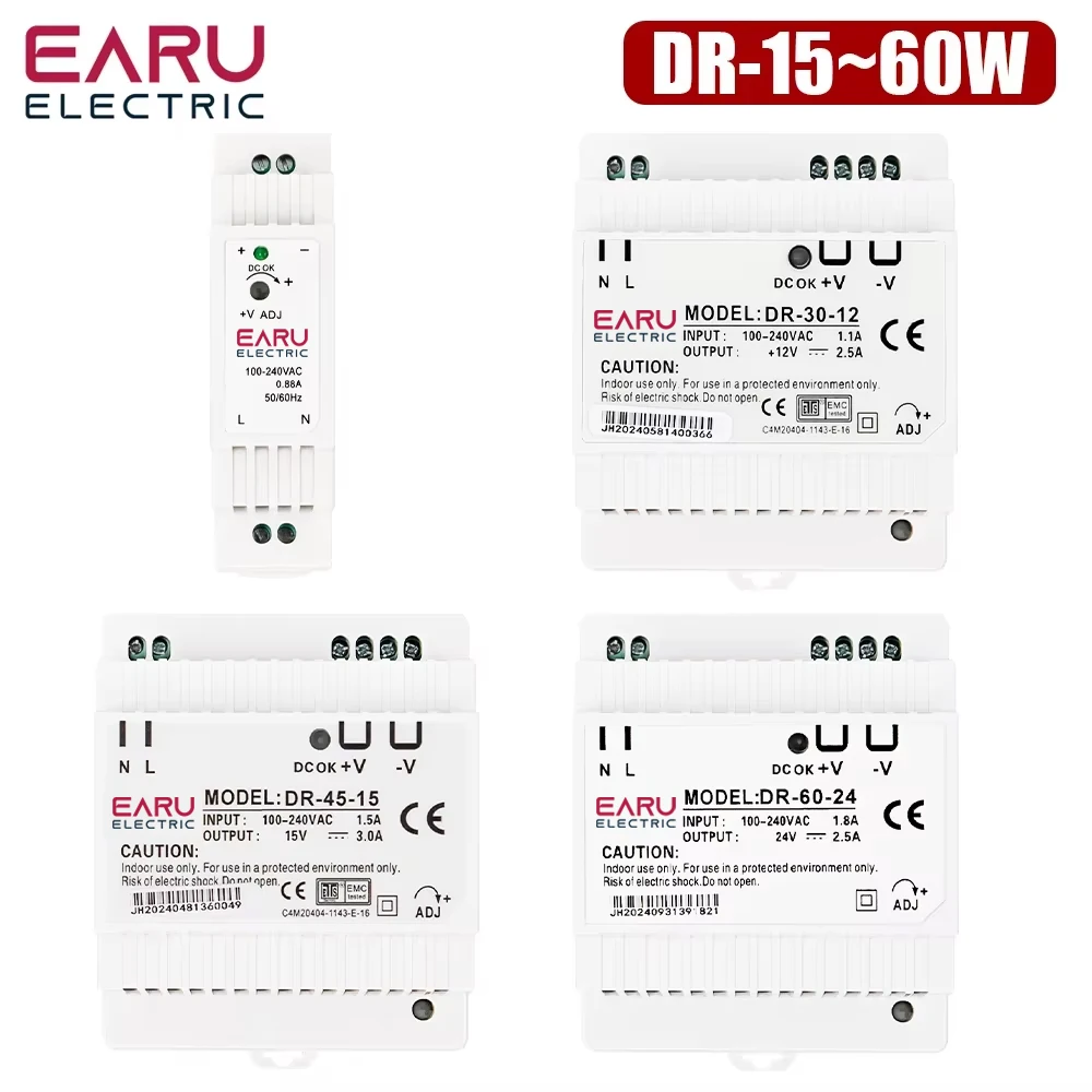 Zasilacz przemysłowy na szynę DIN, pojedyncze wyjście DC 5V 12V 24V, 15W 30W 45W 60W, wejście 100-240VAC, DR-15 DR-30 DR-45 DR-60