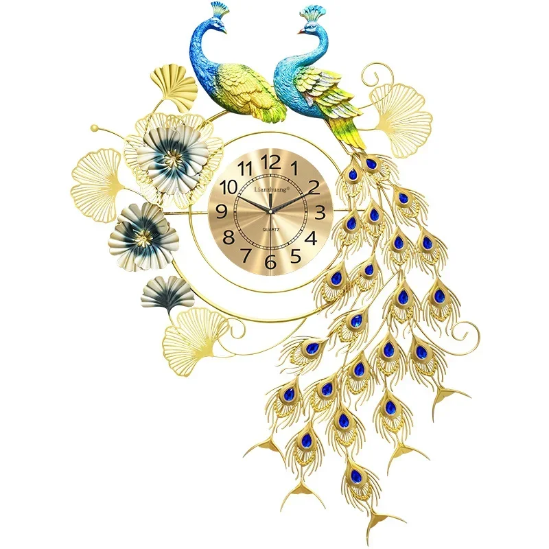 Wall clock, living room, household clock, personal creativity, new Chinese light luxury, atmosphere, silent peacock watch, wall