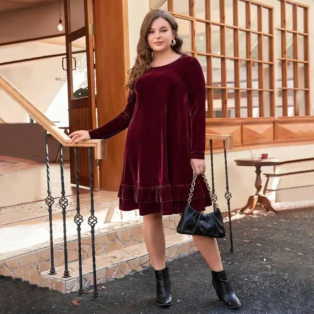 

Autumn/winter Large New 2025 Women's Elegant Velvet Dress Round Neck Loose Waist Short Skirt Party Summer Elegantes Casual Y2k