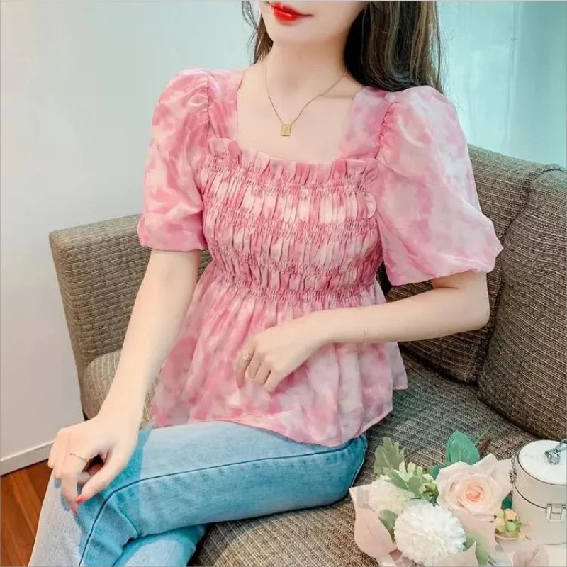 Square Neck Floral Chiffon Shirt Women'S Bubble Sleeves Summer 2024 New Open Collarbone Westernized Fashion Small Shirt Top