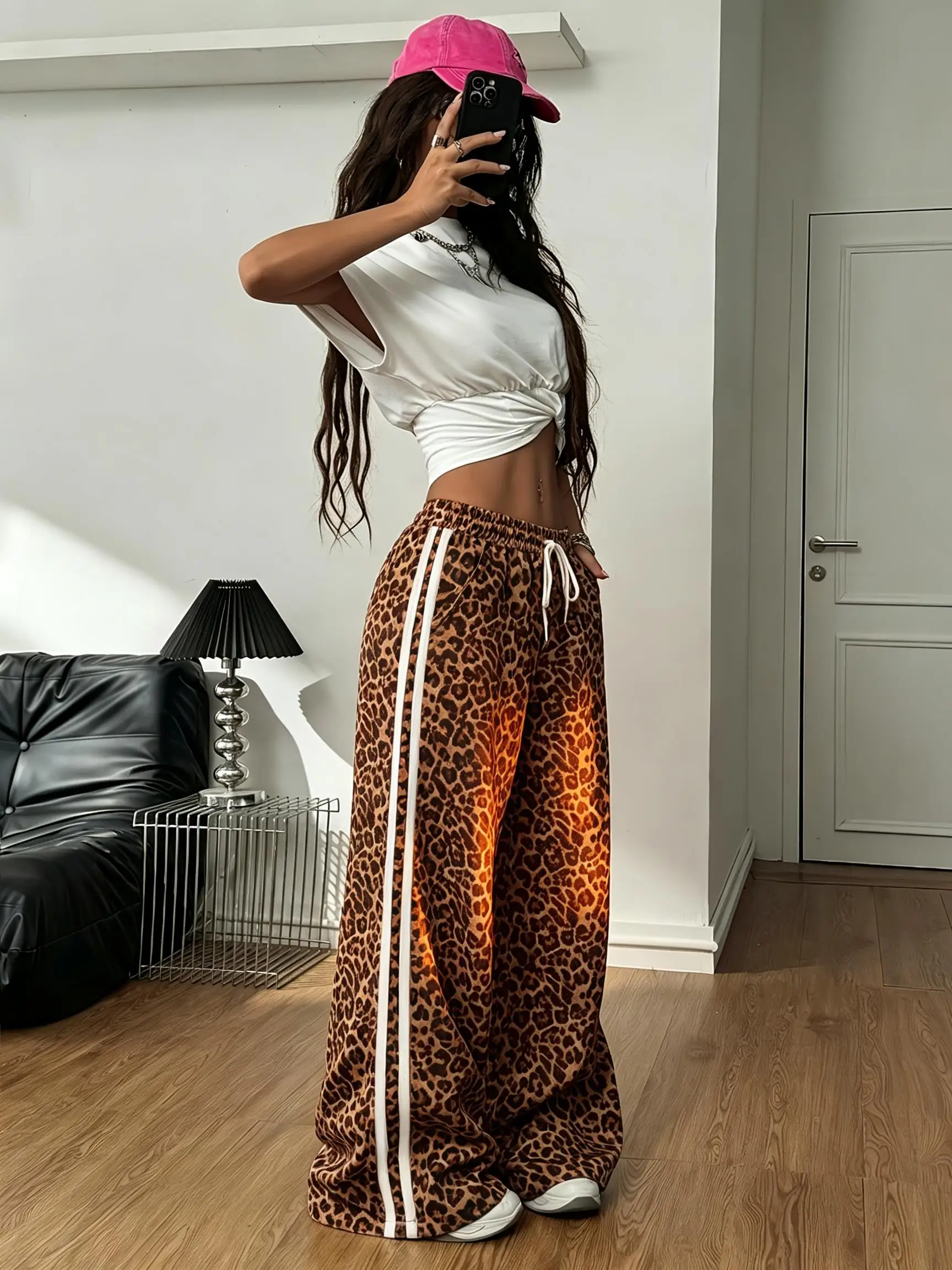 Women Animal Print Wide Leg Pants Side White Stripes Drawstring Elastic Waist Casual Street Trousers