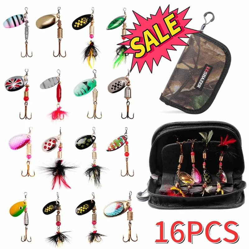 

New 16PCS Spinner Lures Rotate Sequins Spinner Metal Fishing Lures Baits Feather Spoon Set With Tackle Bag Metal Fishing Baits