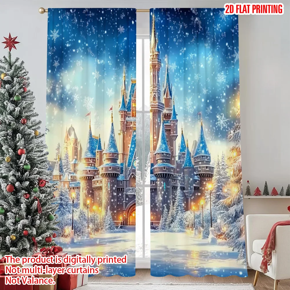 

2pcs 2D flat printing Christmas Curtains Snow Castle Machine Washable Polyester Without Electricity Festive Holiday Perfect for