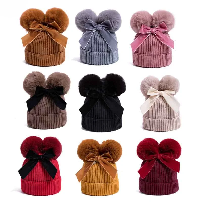 Baby Stuff Double Pompom Hat Winter Knitted Kids Girl Warm Thicker Children Infant Beanie Cap Bonnet 6 Month-3 Years