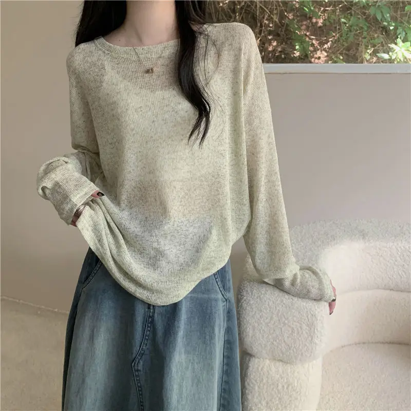 2024 Women\'s Summer New Spliced Pullover Round Neck Fashion Solid Color Loose Minimalist Casual Long Sleeve Knitted T-shirt Tops