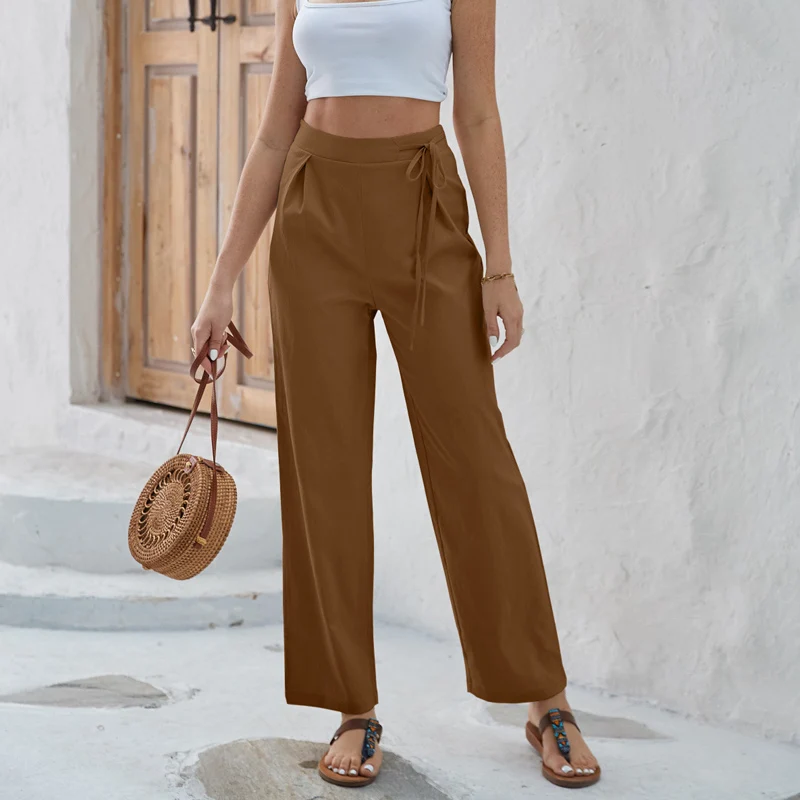 

2024 Summer Casual Drawstring Trousers Fashion Straight Pants Women Loose Office Lady Solid Color High Waist Long Pants 26528