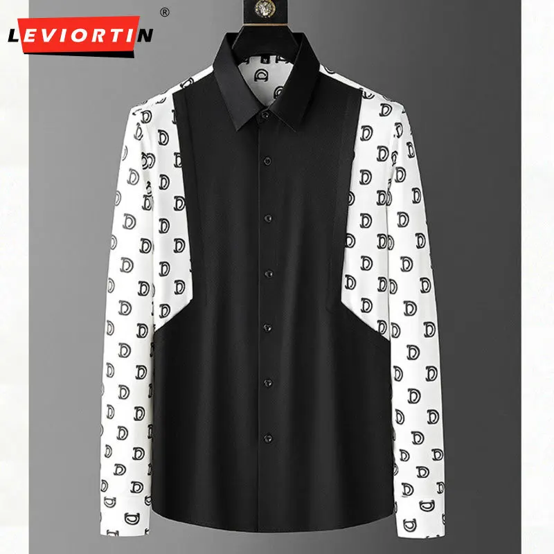 

Autumn New Fashion Splice Shirt Men's Long Sleeve Casual Business Dress Shirt Street Dress Social Party Swallow Dress Shirt