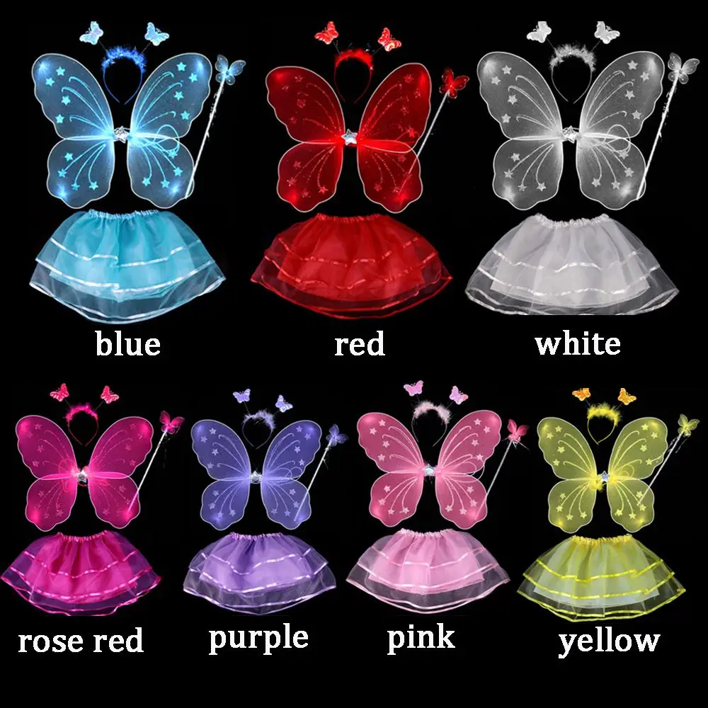 4Pcs Colorful Kids Girls Fairy Princess Costume Sets Stage Wear Butterfly Wings Wand Headband Tutu Skirts