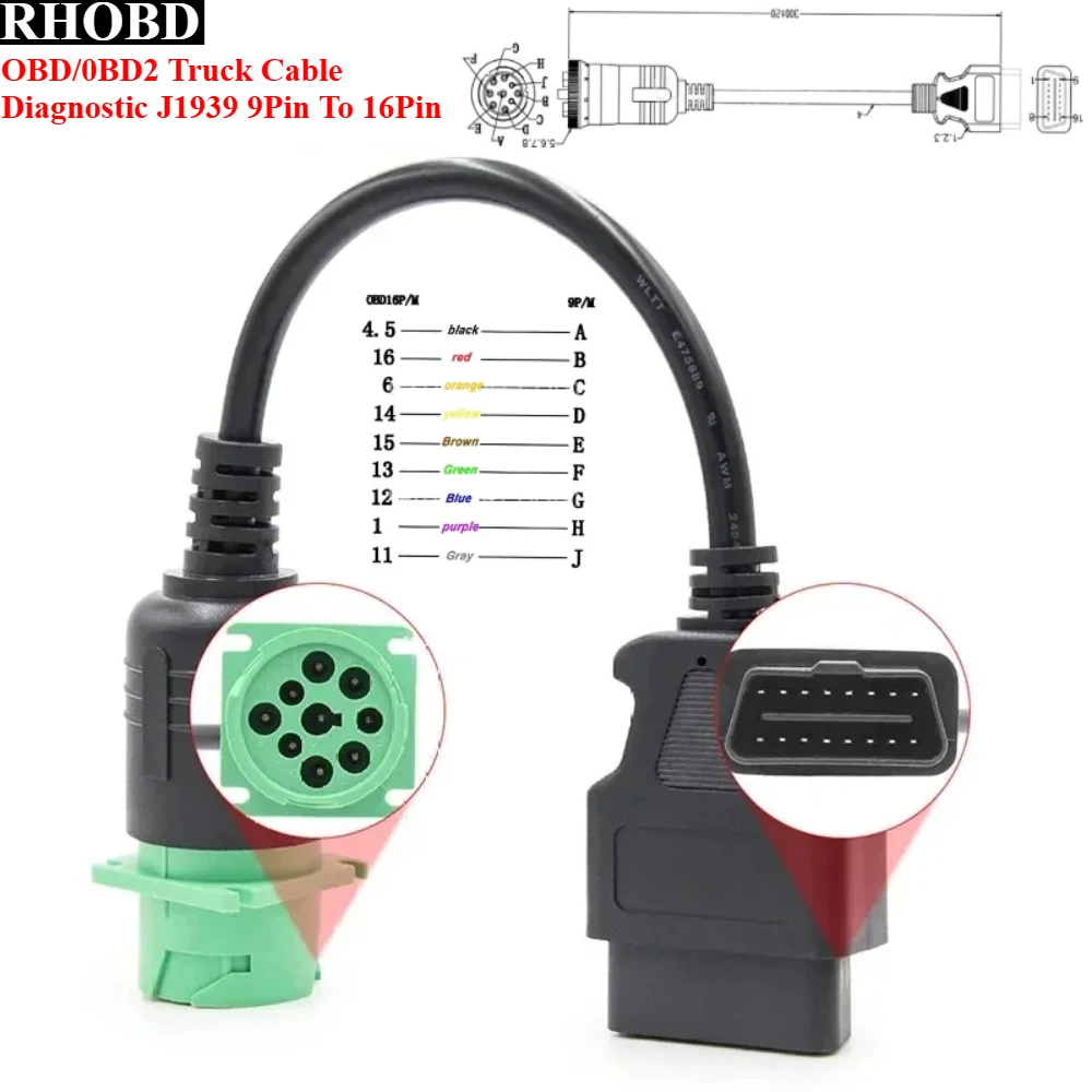 NEWBest Truck Line for Cummins 9pin To OBD 16pin Connect Wire Heavy Duty J1939 9pin 6PIN To 16PIN for Cummins etc OBD2 Connector