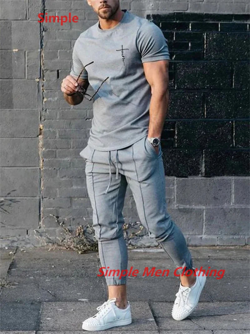 Summer Men Tracksuit Solid Color Short Sleeve T Shirt Long Pants Men 2 Piece Set Casual Trend Oversized Clothes Sportwear Suit