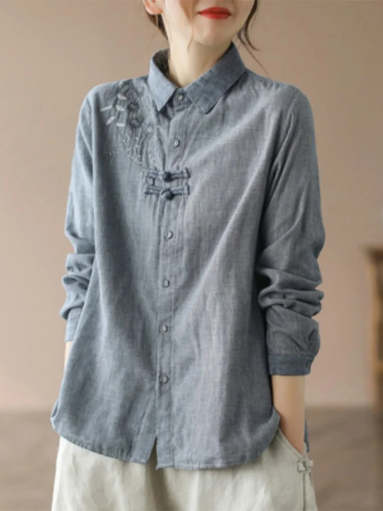 

Длинные женские хлопковые льняные туфли в клетку с вышивкой в стиле ретро, свободный воротник на пуговицах, весна