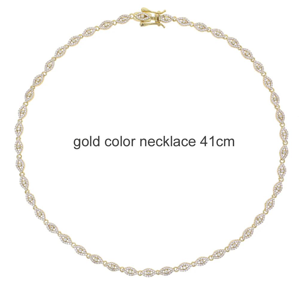 Gold Color Micro Pave Cz Bling Lovely Turkish Evil Eye Charm Linked Choker Necklace for Girl Women Fashion Iced Out Jewelry Set