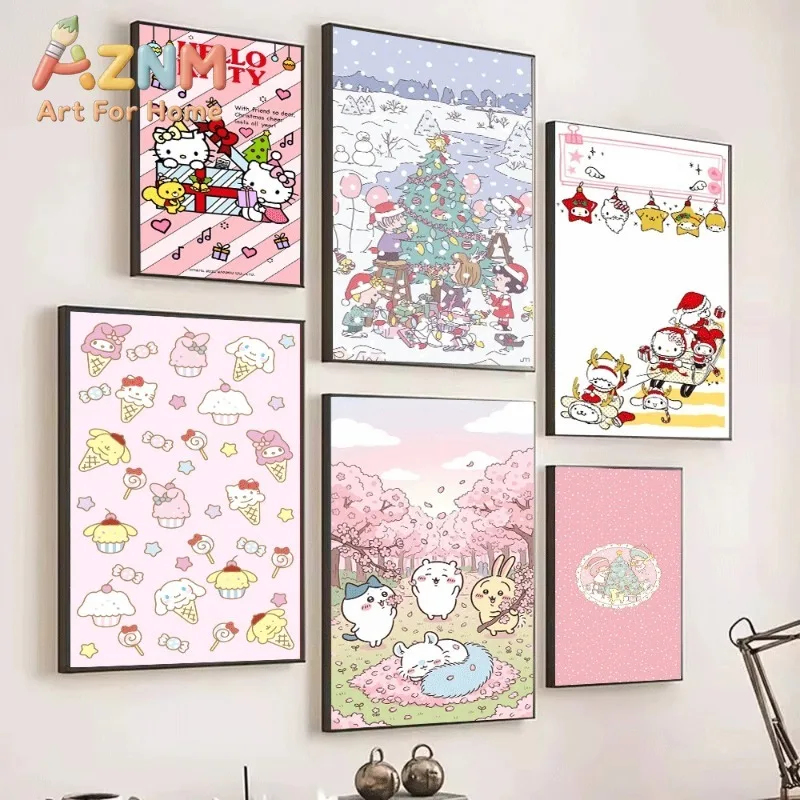Sanrio Hello Kitty Christmas Gift Box Canvas Wall Art Unframed Canvas Poster Kawaii Xmas Print Kids Room Wall Decor Gift