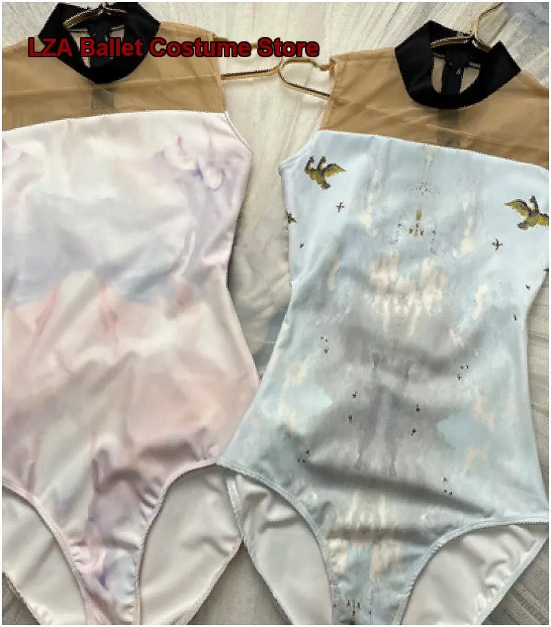 Women's Adult High Collar Backless Printed One-Piece Dress High Cut Basic Training Body Suit Dance Gymnastics Yoga One-Piece Dre