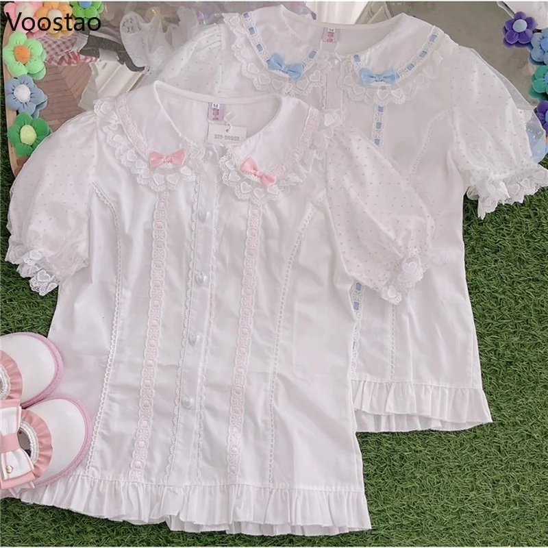 ญี่ปุ่น Lolita เสื้อผู้หญิงน่ารัก Bow Lace Peter Pan Collar JK เสื้อหวานเก๋ตาข่าย Polka Dot พัฟแขน blusas Mujer