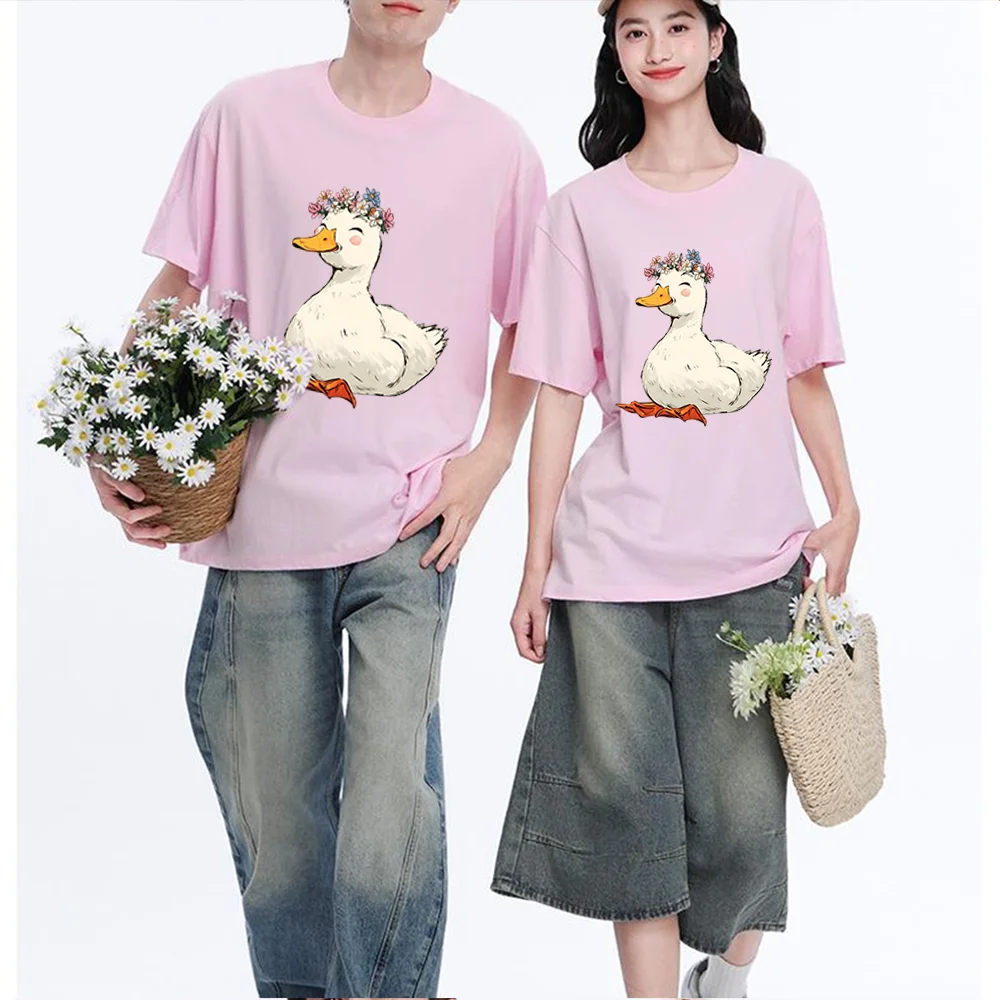 Cute Duck With Flower Crown Printed T Shirt Cotton S-XL Personalized Custom Casual Short Sleeve Tee Aesthetic Graphic Top Unisex