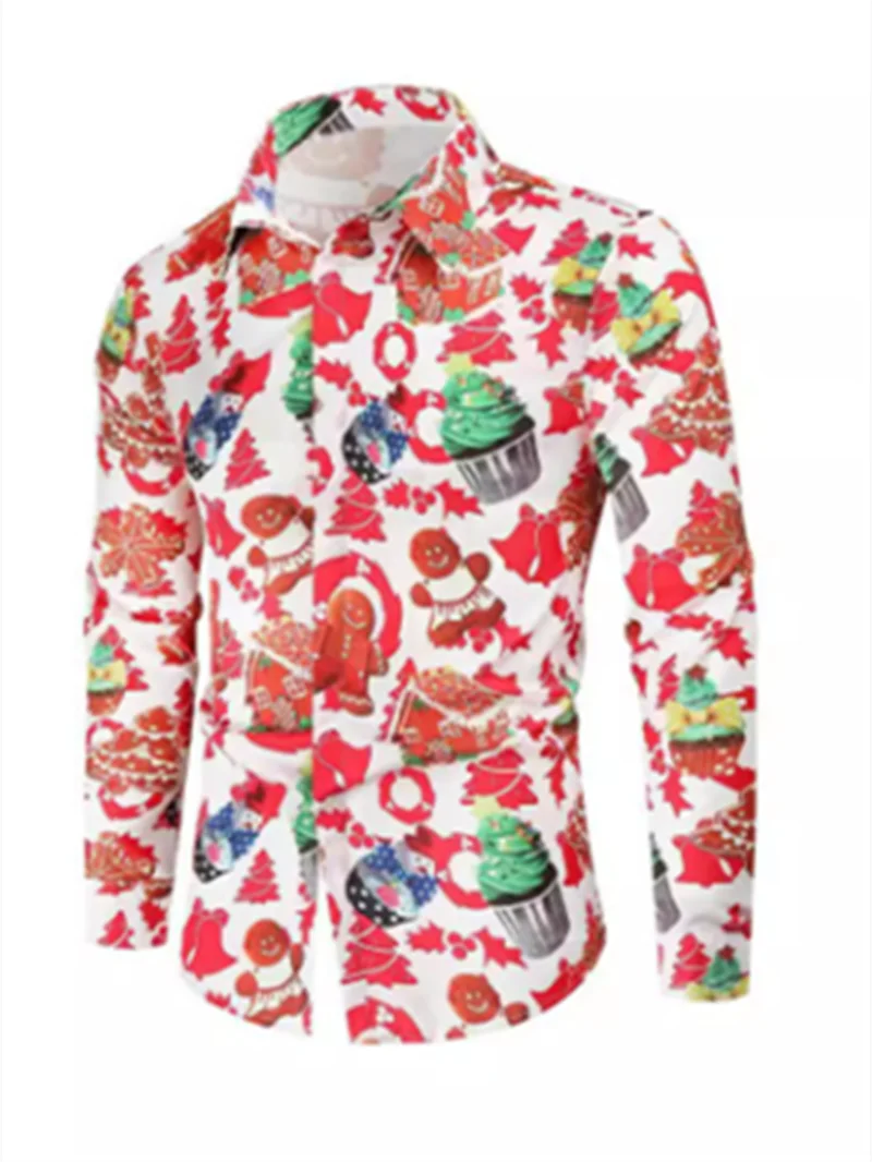 Chemise hawaïenne de Noël amusante avec des éléments de Noël, bouton imprimé en 3D, chemise de vacances, conception à manches longues, vêtements