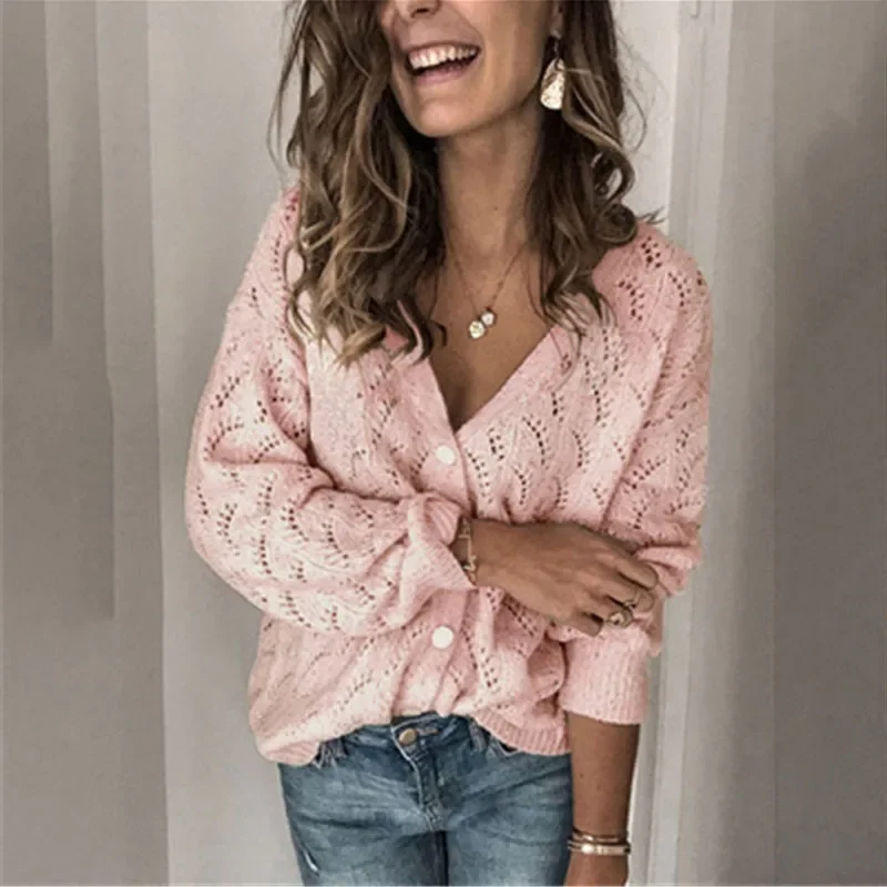 2023 Autumn New Women\'s Fashion Hook Flower Hollow Sexy V-neck Long Sleeve Single Breasted Cashmere Knitted Cardigan Top