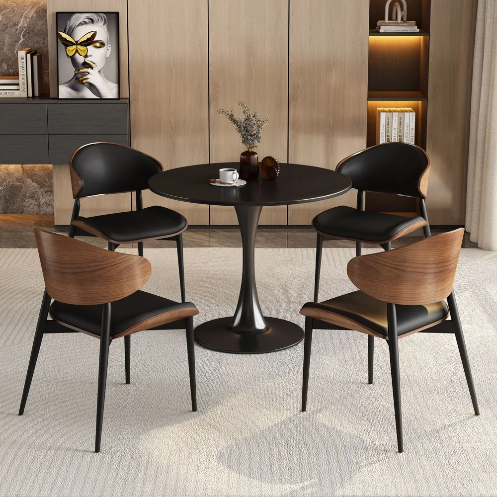 hj-Mid Century Modern White Round Tulip Dining Table Set 4 Pcs Curved Wood Upholstered Dining Chairs Home Dining Room Furniture