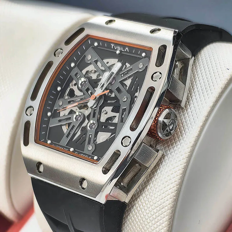 TVSILA Original Miyota Men's Automatic Mechanical Watch Stainless Steel Case Silicone Band Skeleton Waterproof Sport Wristwatch