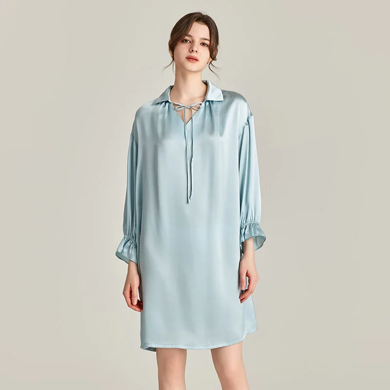 

100% Mulberry Silk Women Nightgown Sleepshirt Lapel V Neck Casual Night Dress Homewear Loose Nightshirts Long-sleeved Nightdress