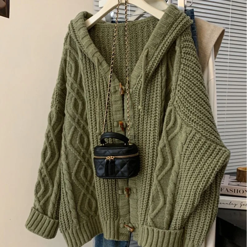 sueter mujer invierno 2024 korean New sweater women hooded solid vintage twist long sleeves knitted cardigan loose coat KCR3300
