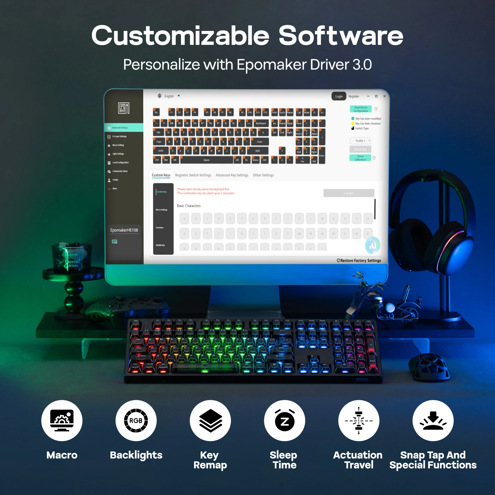 EPOMAKER HE108 100% ANSI US QWERTY 레이아웃 유선/BT/2.4Ghz 무선 홀 이펙트 기계식 키보드 (SOCD/DKS 및 래피드 트리거…