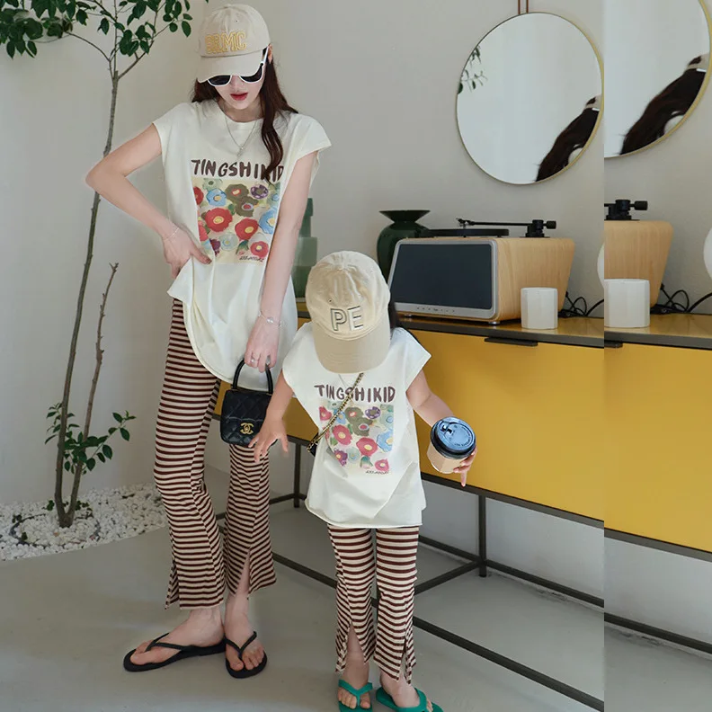 

Fashion Mom and Baby Girl Matching Clothes Sets Korean Daughter Mother Sleeveless Long T Shirts + Flared Pants Two Piece Outfits