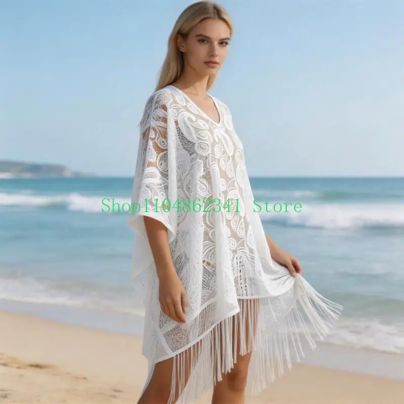 652F Elegant Lace Shawl Cloak With Fringe Trim Lightweight And Breathable For Women Fashion Accessory