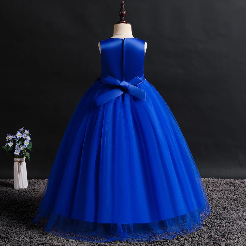 Blue New Girl Flower Long Dress Children\'s Ball Embroidered Princess Dress for 4 to 14 years Girl Party Wear