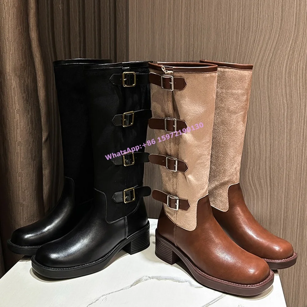 

Black Brown Buckle Belt Boots Square Toe Thick Soled Knight Knee High Boots Women's Leisure Comfortable Vocation Shoes 2024