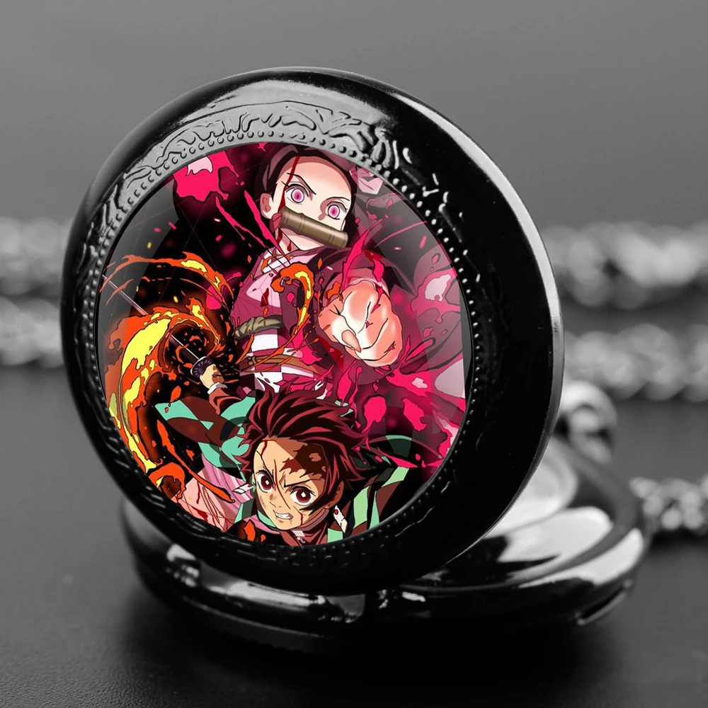 Anime Demon Slayer KamadoTanjiro Nezuko Quartz Pocket Watch Men Women Pendant Necklace Chain Clock Watch Kids Jewelry Gifts