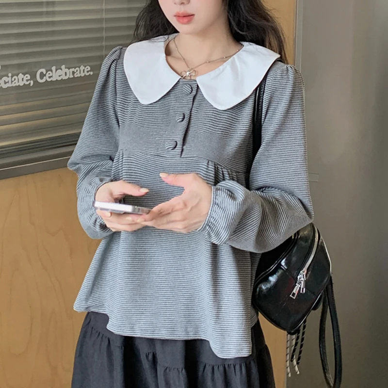 Sweet Peter Pen Collar T Shirt Women Preppy Style Thin Striped Color Block Blouse Autumn Casual Long Sleeve Loose Female Tops