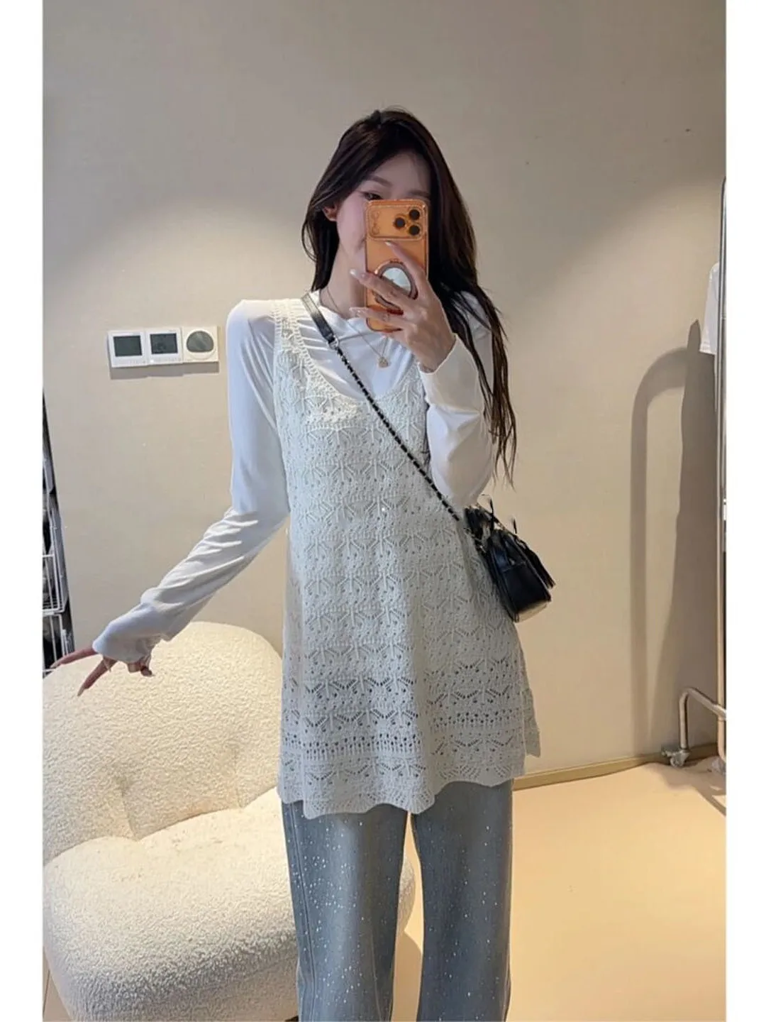 Handmade Knitted Heart Collar U Back Vest Vintage Style Layering Item for Women Summer Fashion Mid-Length Open Front Top