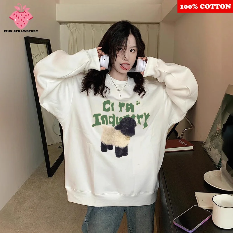 

White Cute lamb Print Sweatshirt Women Autumn 2025 New 100% Cotton Oversize O-Neck Plush Hoodie Pullover Y2K Tops kawaii clothes