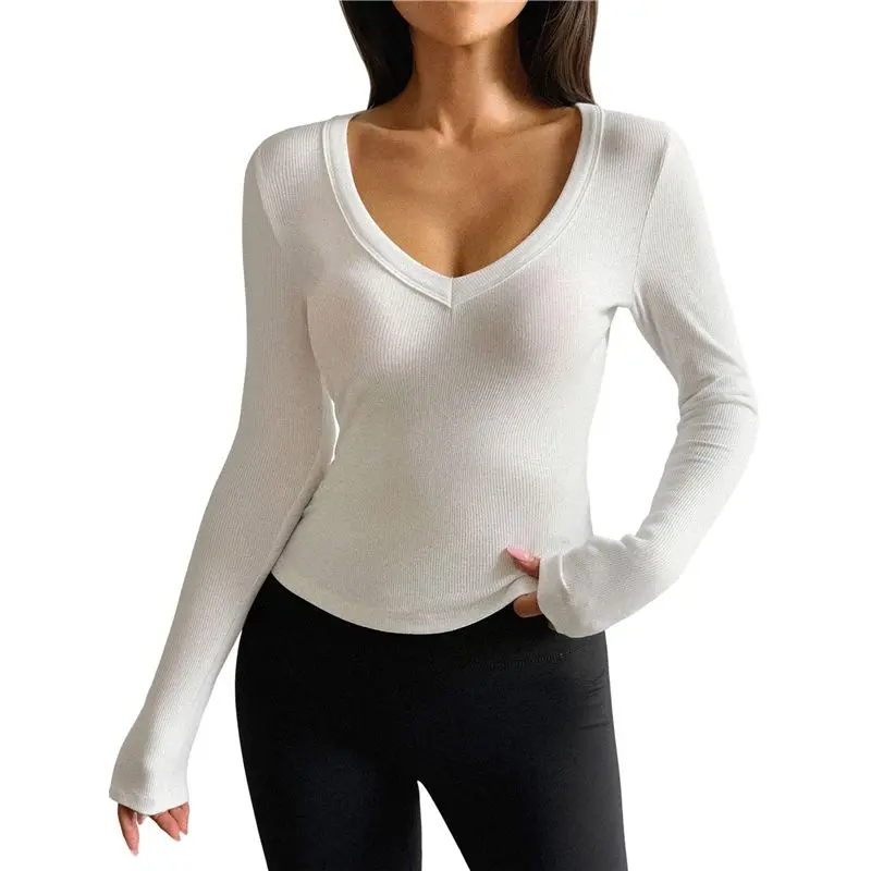 

AEF6-Womens Long Sleeve V Neck T Shirts Basic Workout Tops Athletic Yoga Casual Crop Top