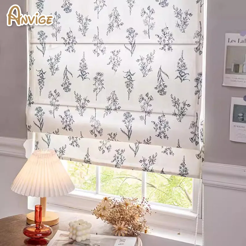 Pastoral Printed Leaves Flat Roman Shades Customized Roman Blinds With Installation Included