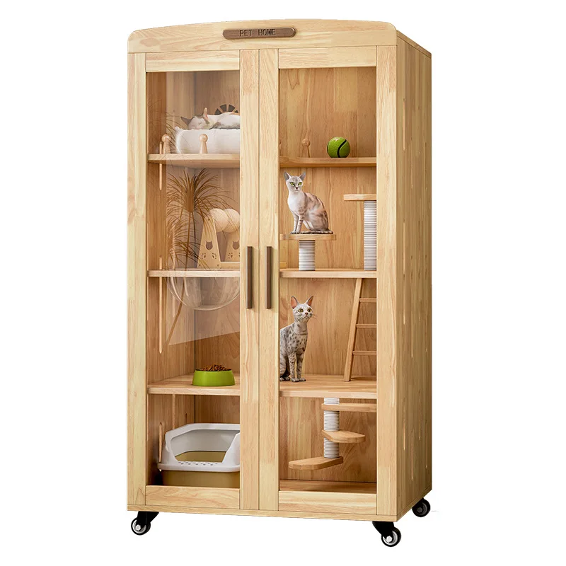 

Solid wood pet cat villa indoor with toilet three-layer pet