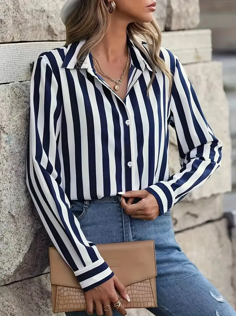 Fashion Streetwear Women Striped Shirts All Season Long Sleeve 3d Printed Trend Ladies Blouse 3XL Large Size Casual Shirt