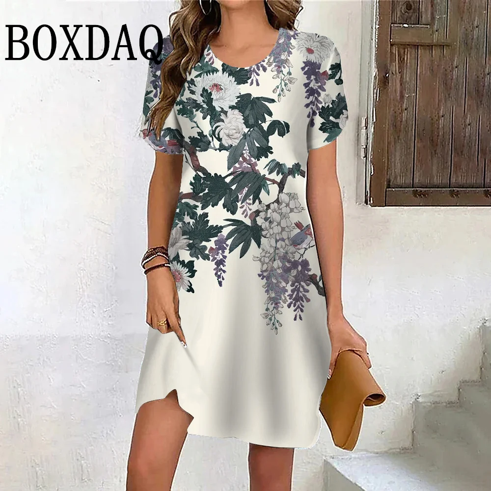 New 2024 Summer Vintage Flower Dresses For Women Pullover Short Sleeve Loose Plus Size Dress Casual Print Mini Sundress Vestidos