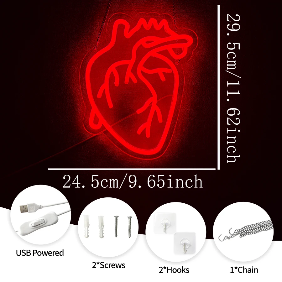 Led Neon Sign Of Human Heart, Anatomical Heart Icon For Wall Decor, Wall Lamp For Bedroom, Halloween Party, Bar And Game Room.