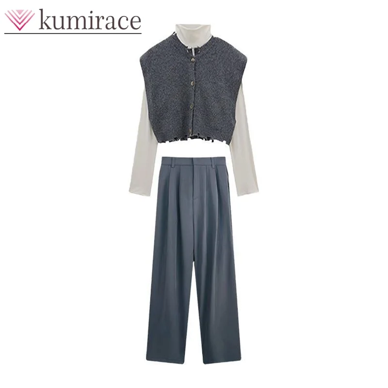 Spring and Autumn 2024 New Product Leisure Fashion Hong Kong Style High Grade Vest Top Wide Leg Pants Three Piece Set